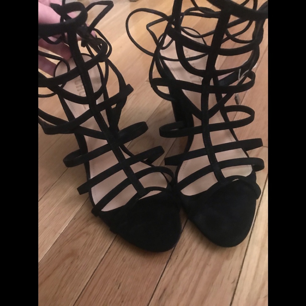 Schutz Strappy black velvet heels